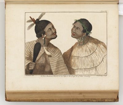 Un guerrero de Nueva Zelanda y su esposa, ilustración de Un diario de un viaje a los mares del sur: en el barco de Su Majestad, el Endeavour, 1794 de Sydney